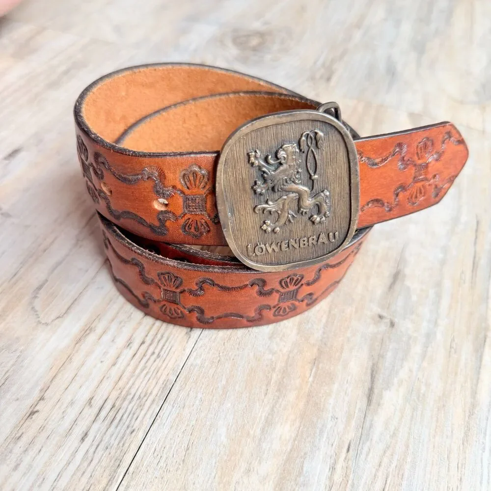 Vintage Lowenbrau Beer Leather Belt Size 36 Embossed Western Brass Buckle Miller